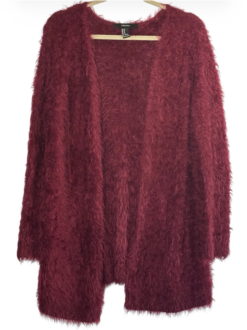 Forever 21 M Burgundy Eyelash Knit Fuzzy Cardigan Sweater Open Front Preppy Y2K